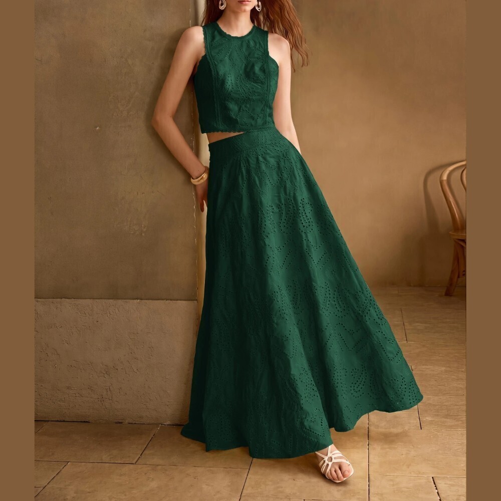 Emerald Green Eyelet Patterned Scalloped Crop Top and Maxi Skirt Set